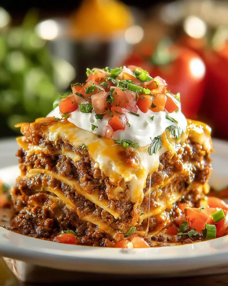 Delicious Mexican lasagna layered beef casserole served in a dish.