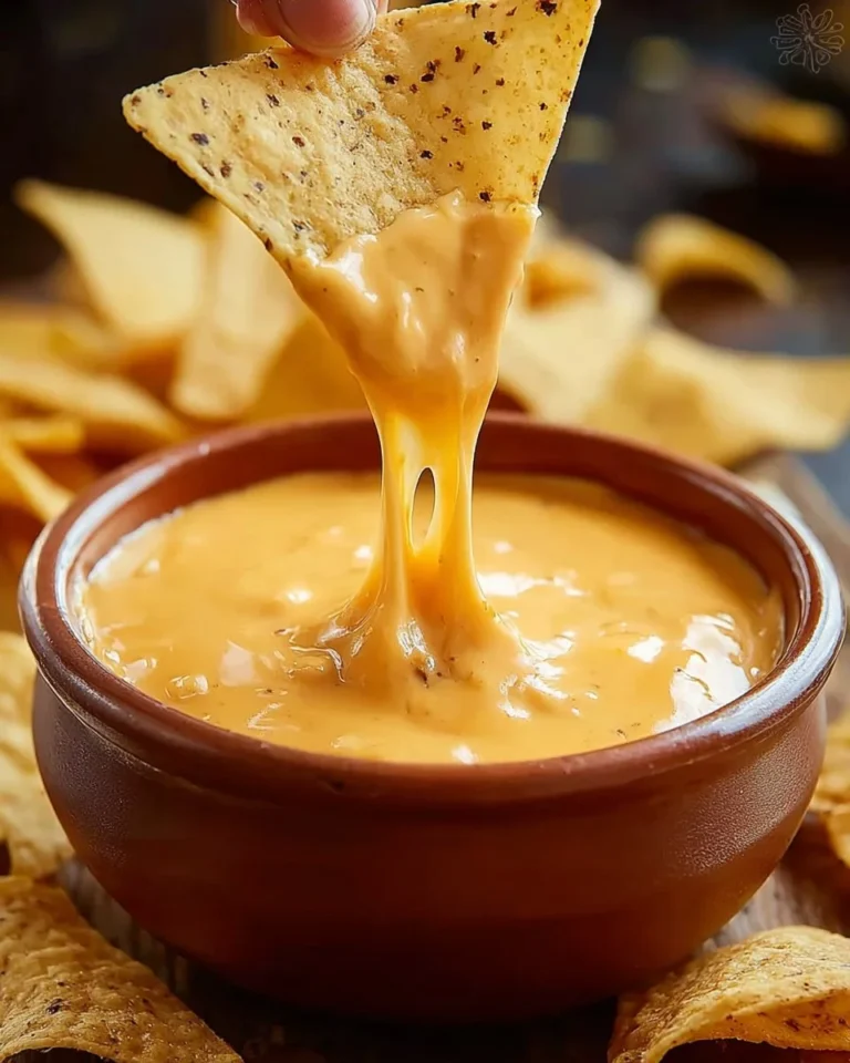 Homemade nacho cheese sauce served with tortilla chips.