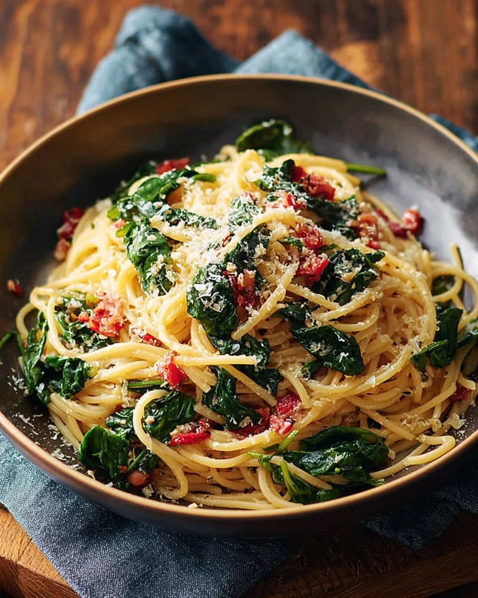 One Pan Spaghetti with Chard recipe on a wooden table