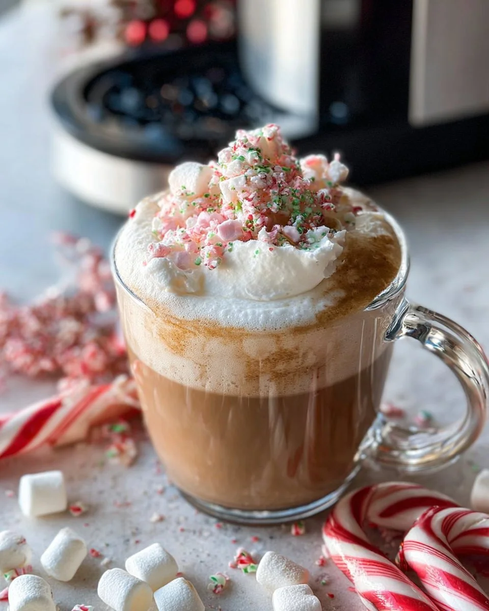 Peppermint Marshmallow Latte in a festive cup with whipped cream and peppermint sprinkles