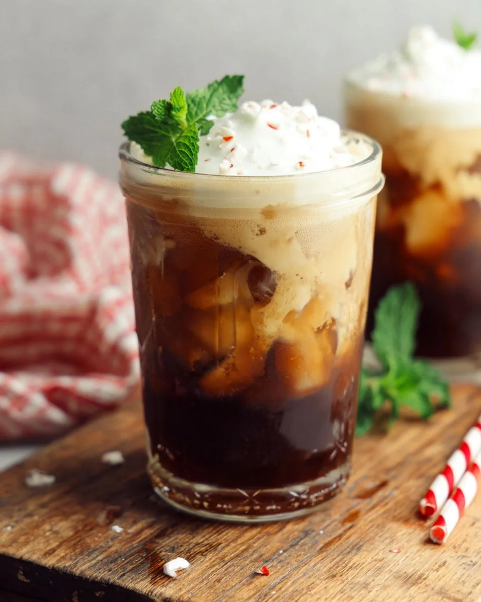 Peppermint mocha cold brew topped with whipped cream and chocolate sprinkles