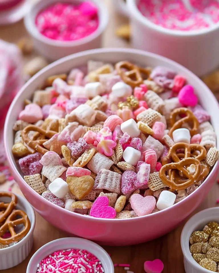 Delicious Pink Valentine's Puppy Chow Mix in a decorative bowl