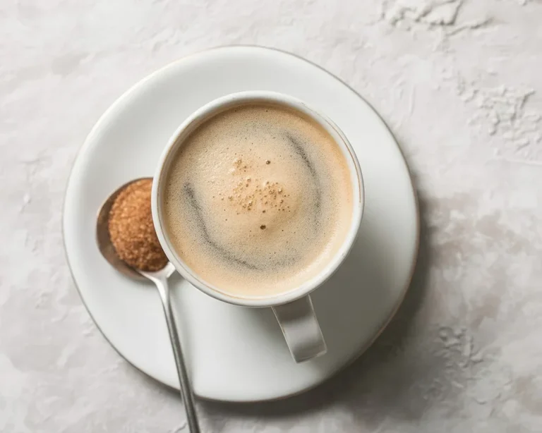 Creamy vegan mushroom coffee latte topped with cocoa powder and mushrooms