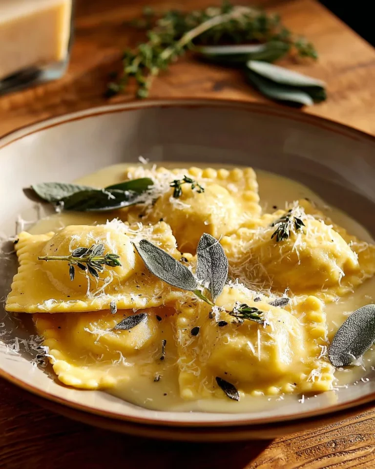 Delicious ravioli with sage butter sauce on a plate