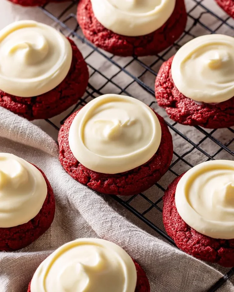Delicious red velvet cookies with creamy frosting on a white plate