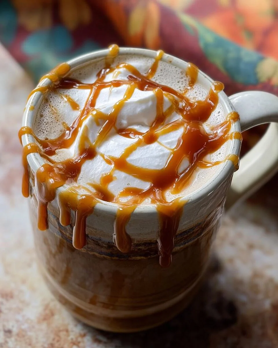 Delicious salted caramel latte topped with whipped cream and caramel drizzle