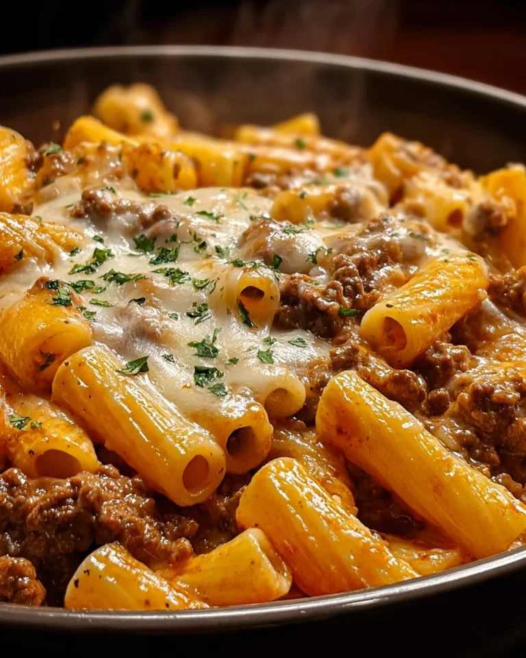 Sloppy Cheeseburger Pasta Casserole in a baking dish topped with cheese and herbs
