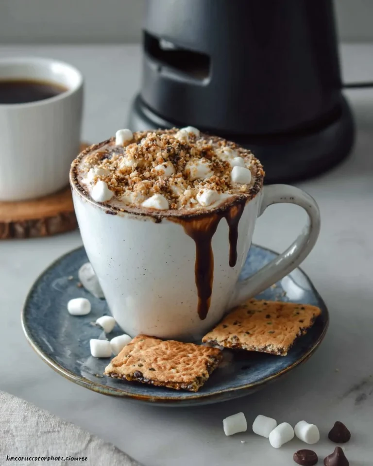 Delicious S’mores Latte in a cup topped with marshmallows and chocolate drizzle