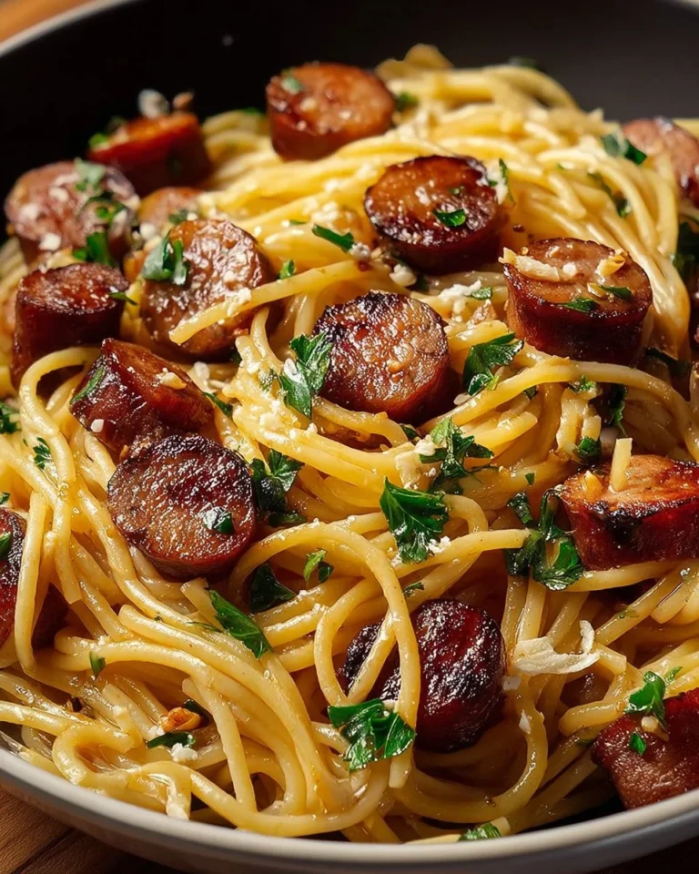 Delicious plate of sticky honey garlic sausage pasta garnished with herbs.
