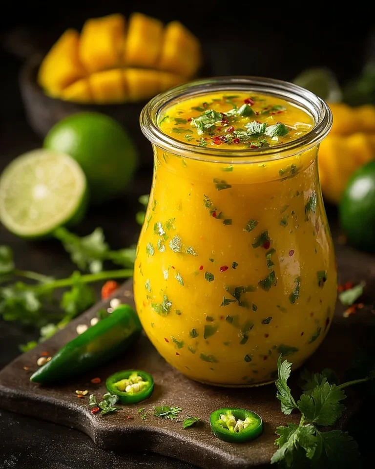 Sweet and spicy mango salad dressing in a glass jar with fresh ingredients