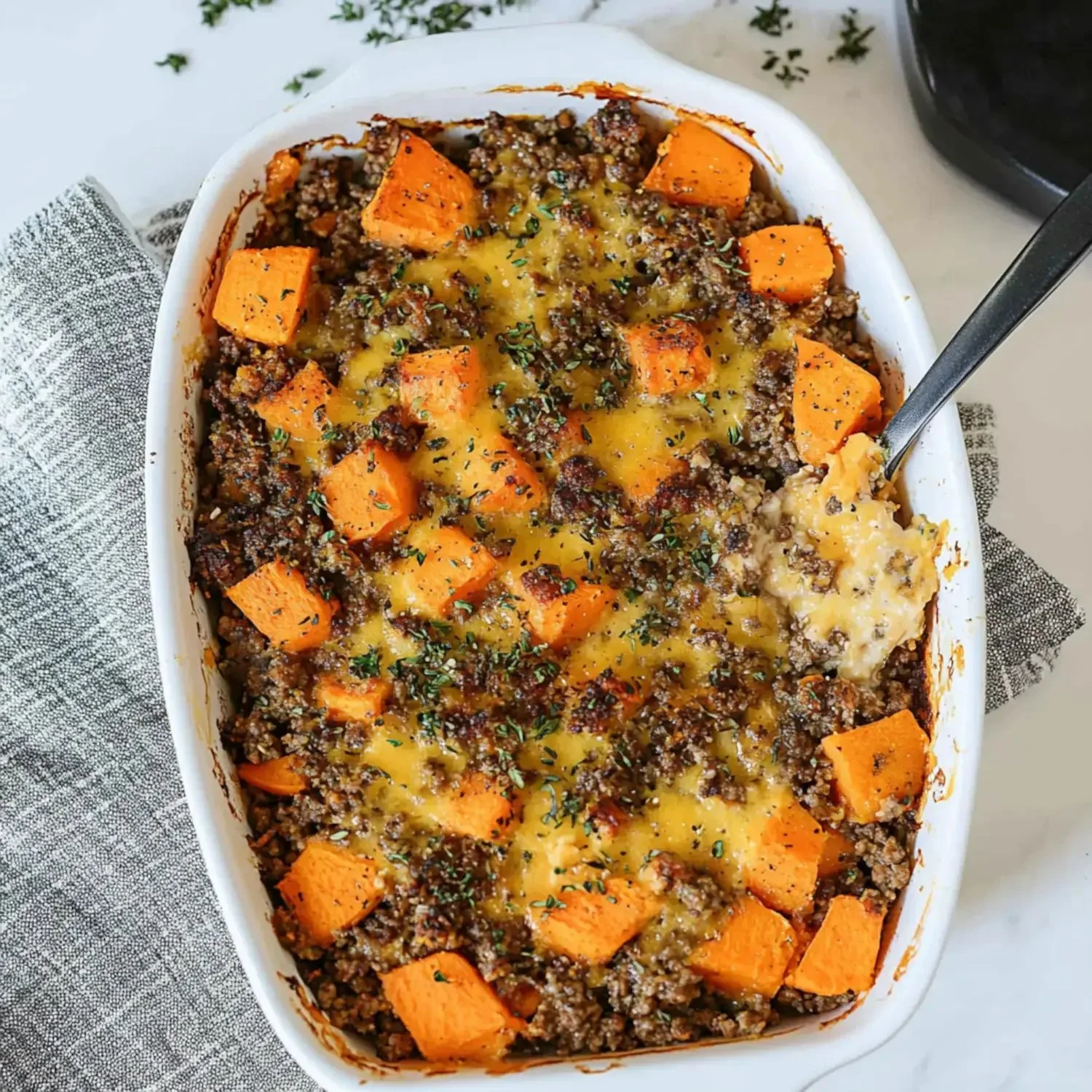 Sweet potato casserole with ground beef served in a baking dish