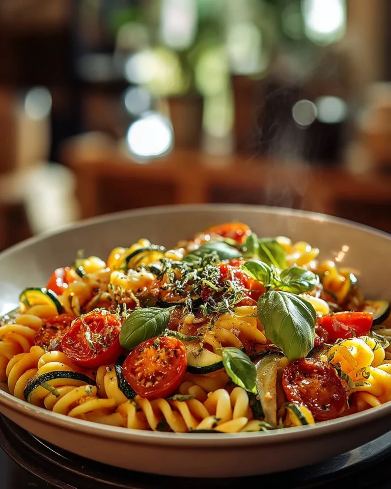 Delicious bowl of Tomato Zucchini Pasta garnished with fresh herbs