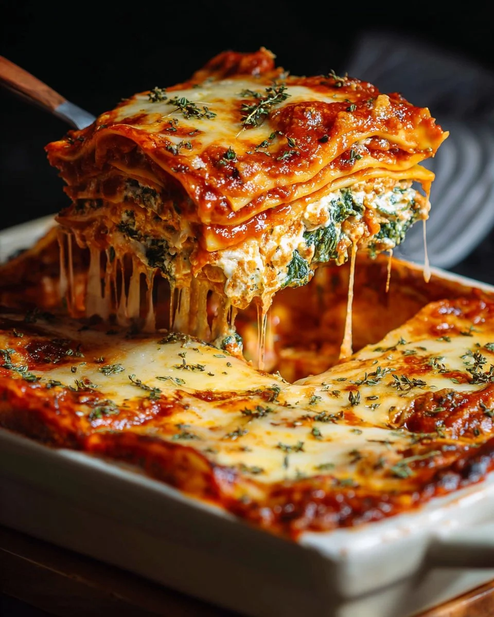 Ultimate spinach lasagna layered with three cheeses and fresh spinach