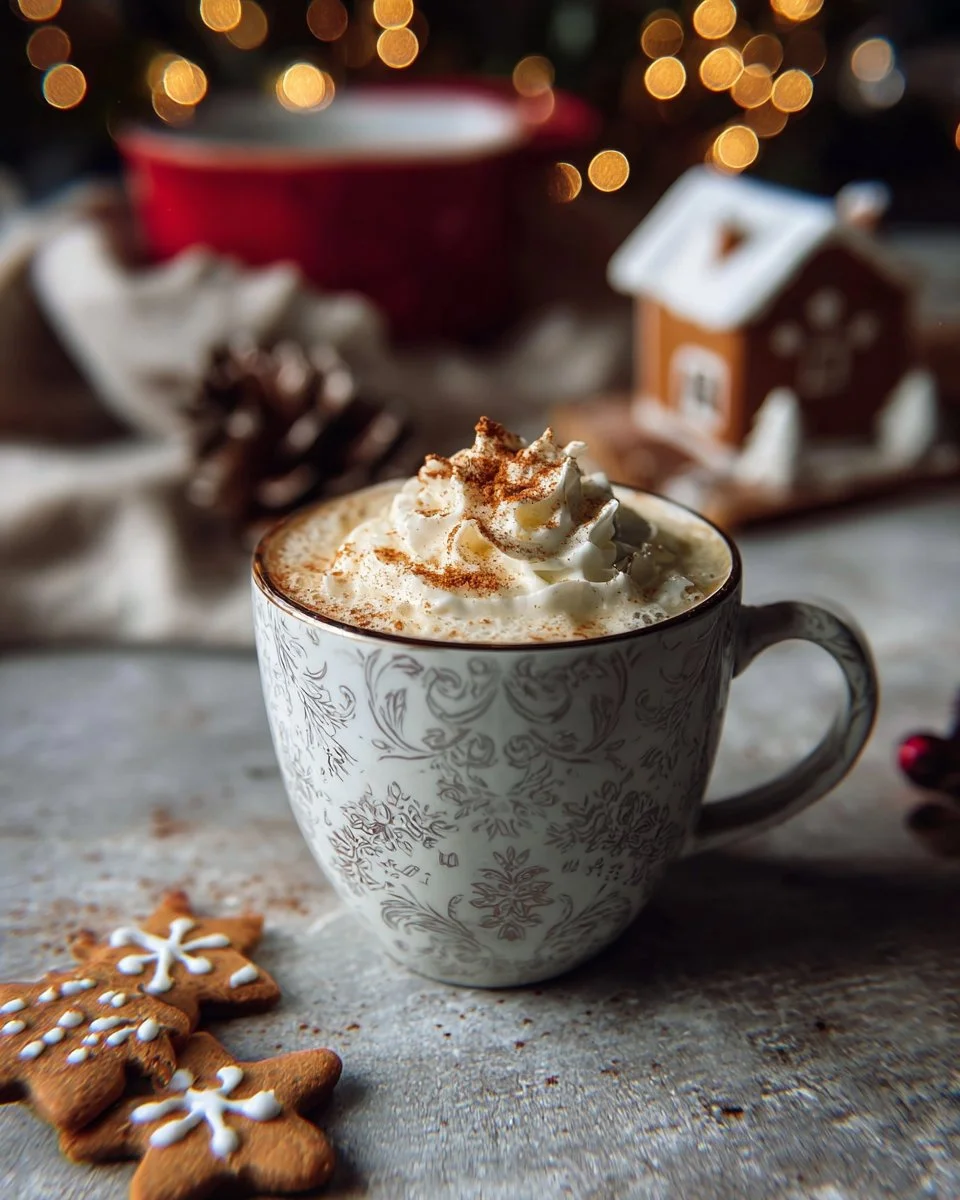 A steaming cup of Vanilla Gingerbread Latte topped with whipped cream and spices.