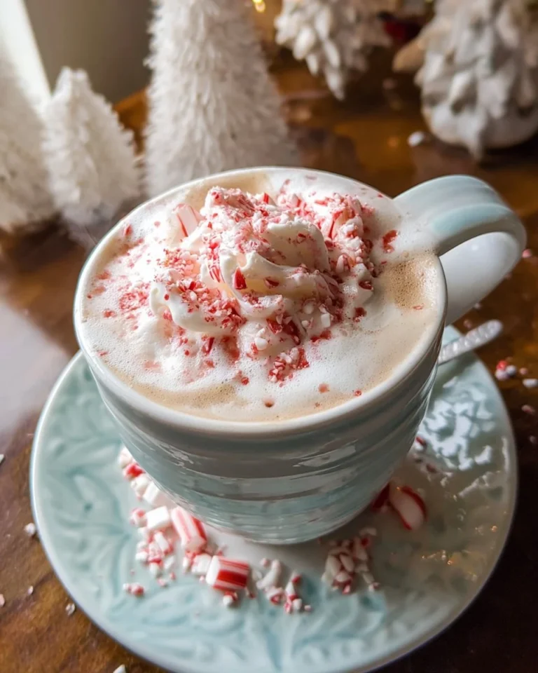White Cocoa Peppermint Latte in a festive cup with whipped cream and cocoa sprinkles