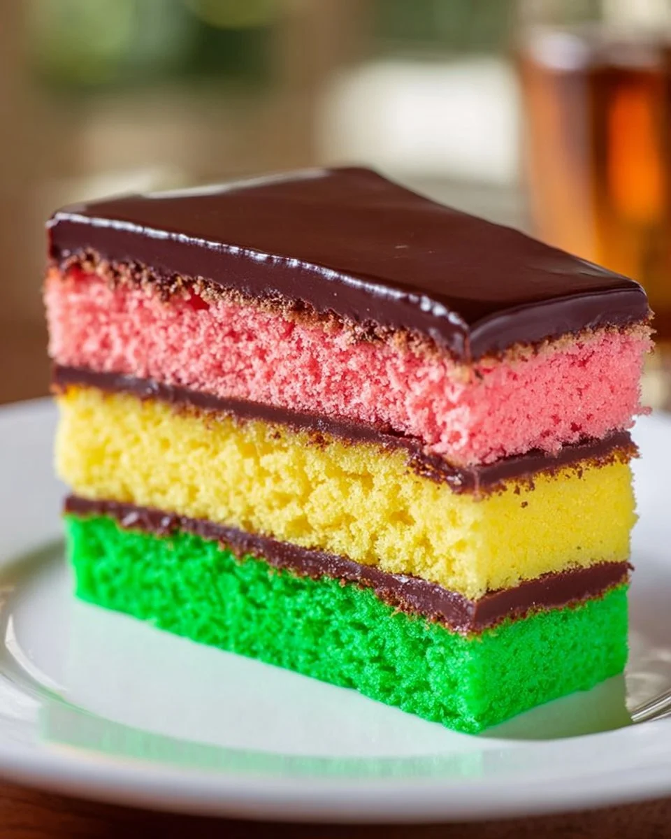 Slice of authentic Italian rainbow cake showcasing vibrant layers and festive colors.