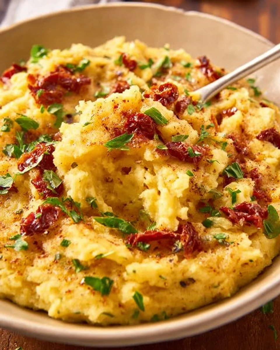 Baked mashed potatoes with sun dried tomatoes served in a bowl.