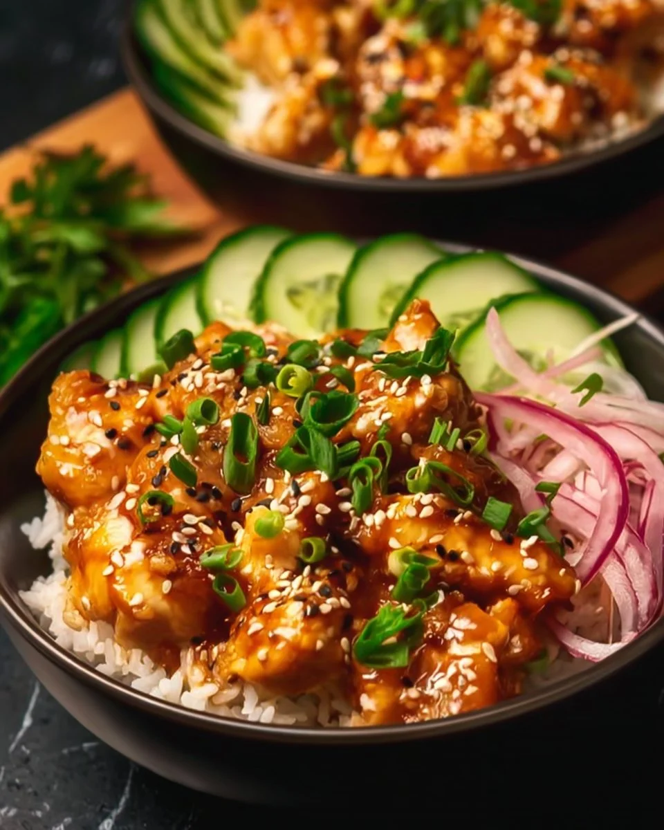 Bang Bang Chicken Bowl with tender chicken and colorful vegetables