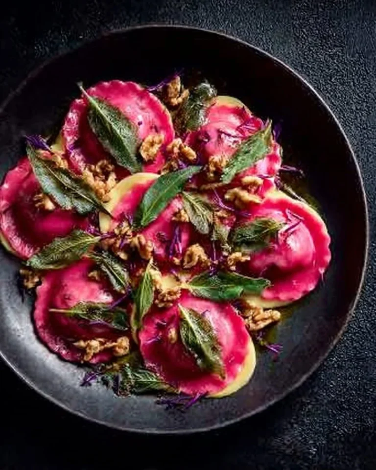 Delicious Beetroot Fiorelli served with sage butter, a perfect pasta dish.