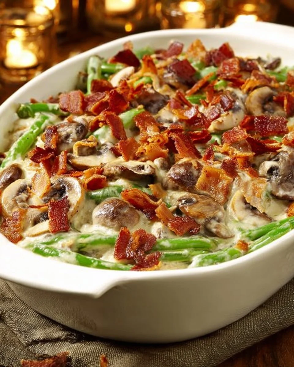 Delicious cheesy green bean casserole served in a festive dish