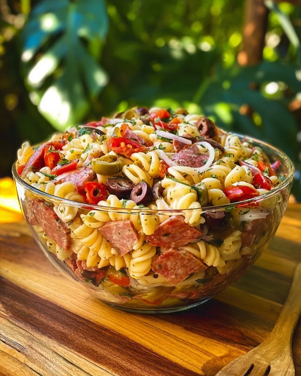 Delicious antipasto pasta salad with fresh vegetables and olives