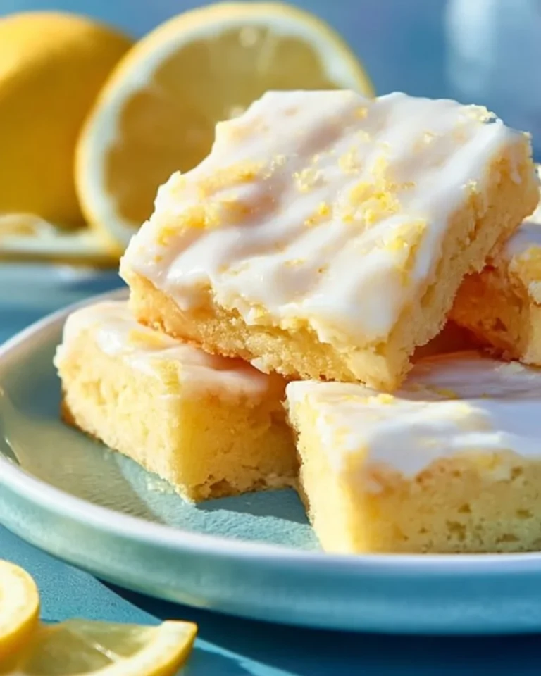 Delicious lemon brownies with a shiny lemon glaze on a white plate