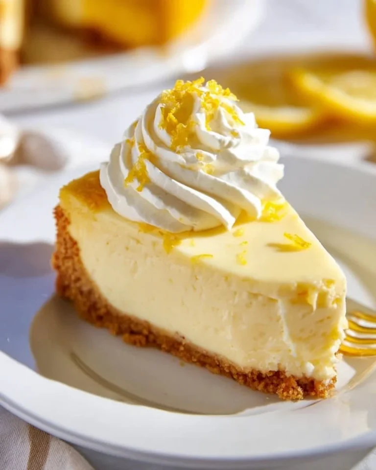 Slice of best lemon cheesecake topped with fresh lemon slices