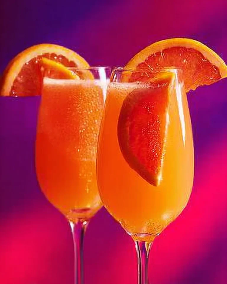 A refreshing blood orange mimosa served in a champagne flute