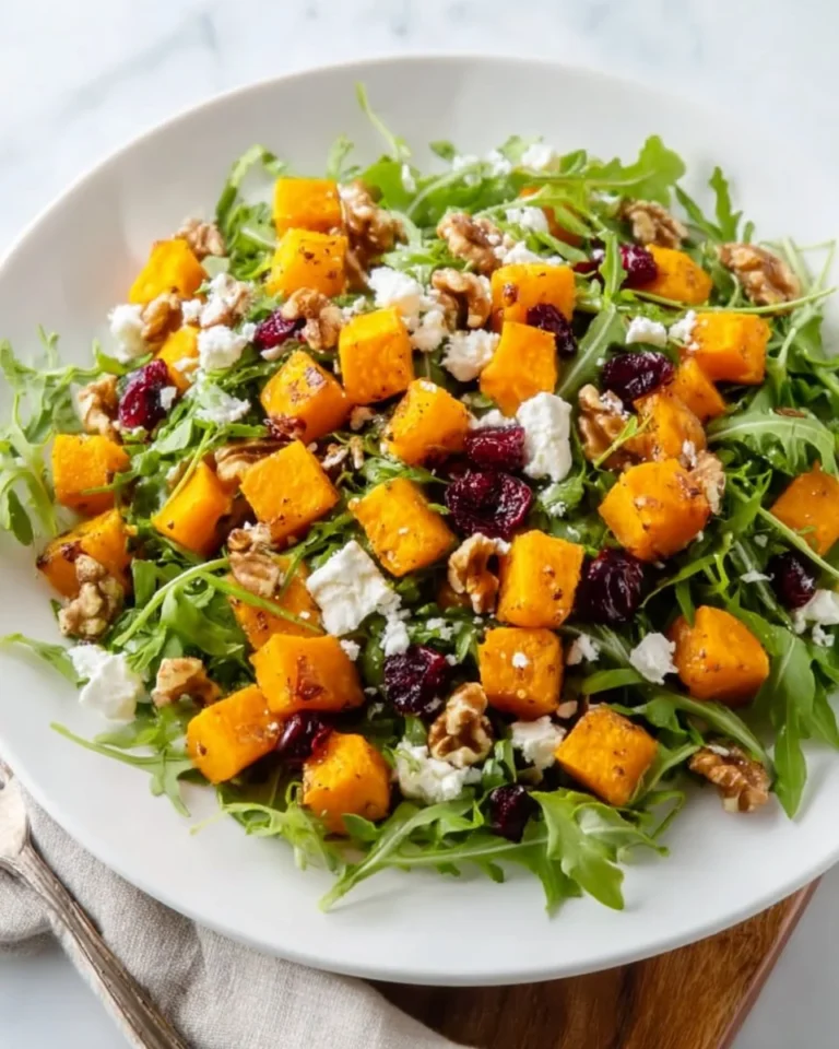 Butternut squash feta salad with greens and dressing on a wooden table