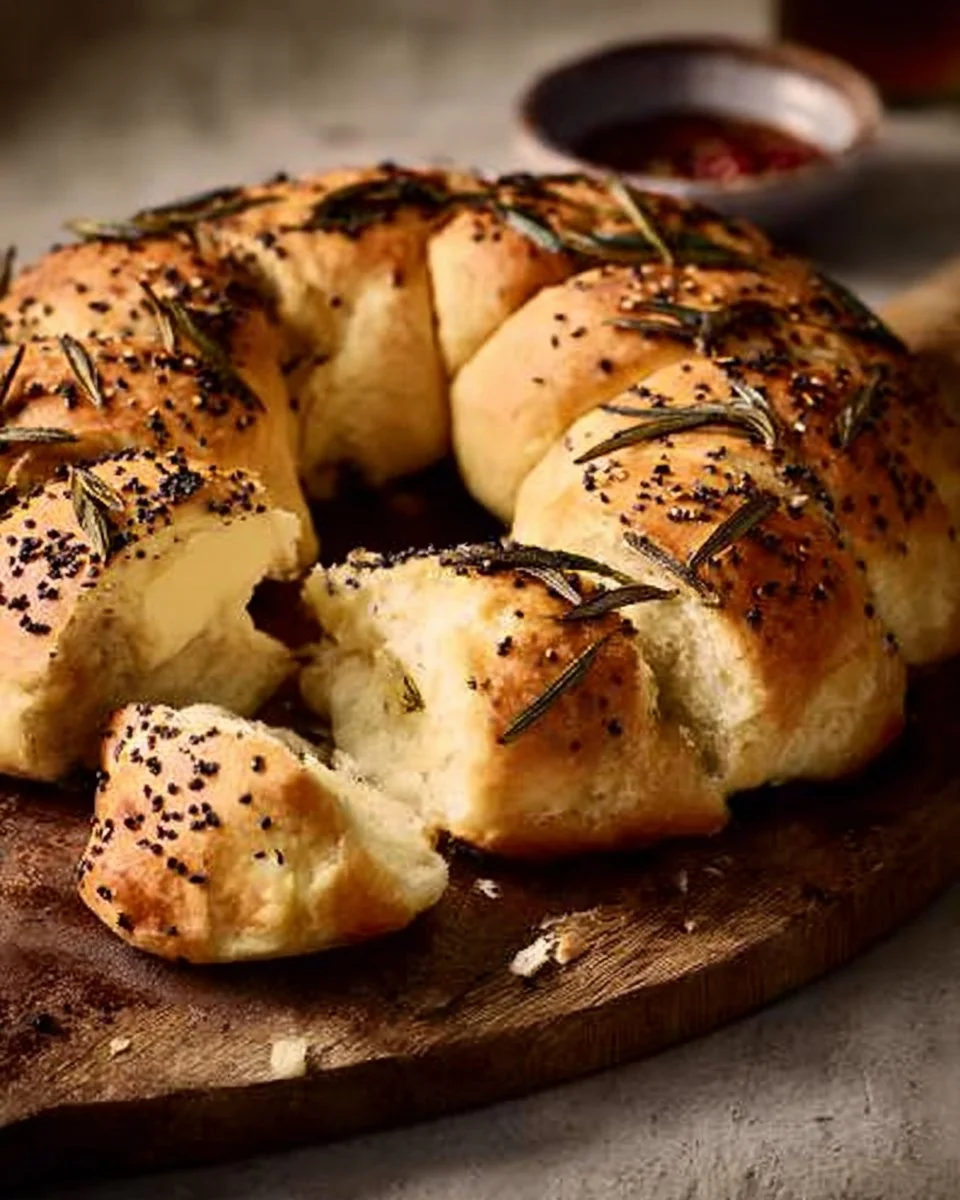 Delicious Camembert Monkey Bread served with onion marmalade on a wooden board