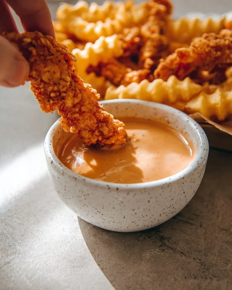 Delicious Canes Sauce served with crispy chicken and fries