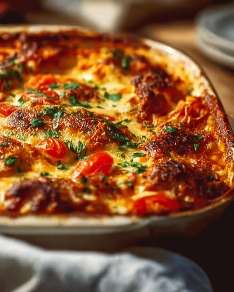 Delicious Chicken Parmesan Casserole served on a plate, garnished with herbs.