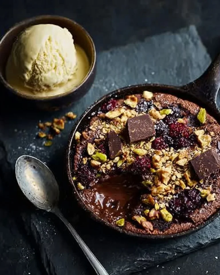 Chocolate and sour cherry skillet brownie fresh out of the oven