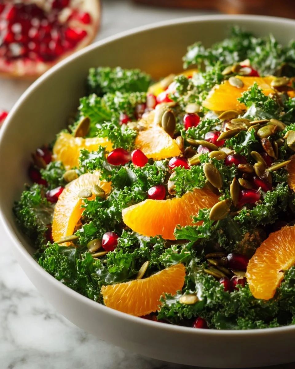 Citrus Pomegranate Kale Salad with Honey Lemon Vinaigrette served in a bowl.
