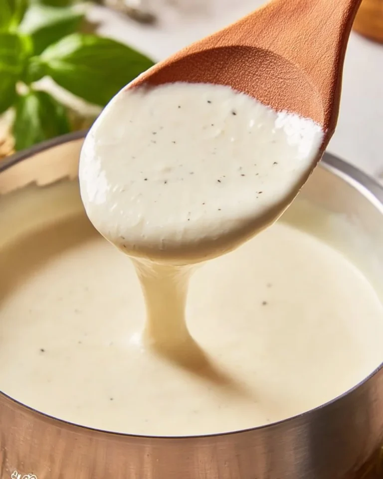Classic béchamel sauce in a saucepan ready for cooking.