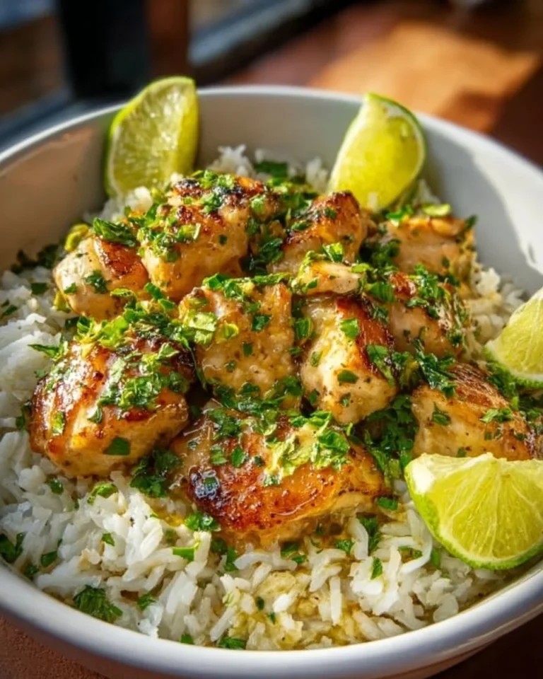 Delicious plate of coconut chicken served with rice garnished with herbs