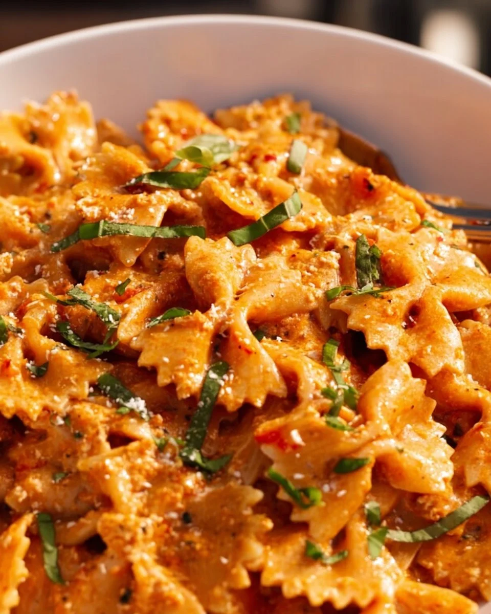 A bowl of creamy cottage cheese pasta topped with herbs and spices