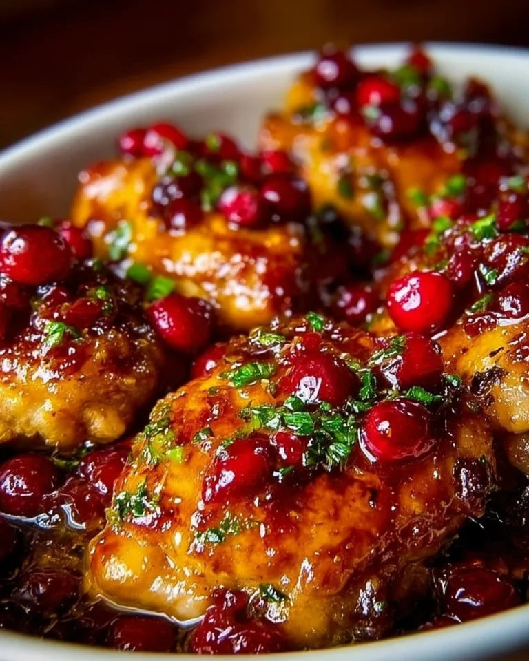 Cranberry orange glazed chicken served on a plate with fresh herbs