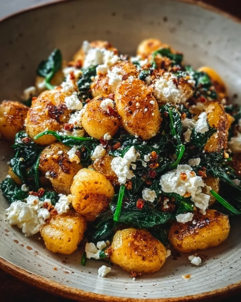 Creamy gnocchi dish with spinach and feta on a plate