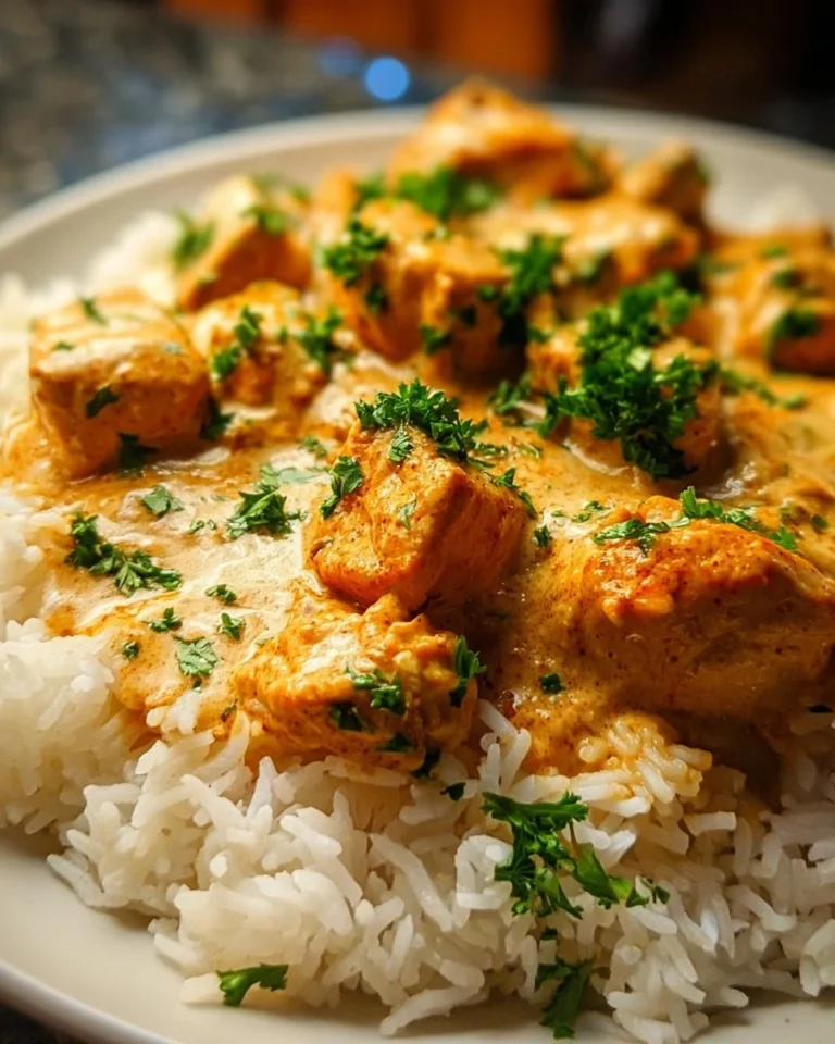 Creamy smothered chicken served over rice with herbs and spices