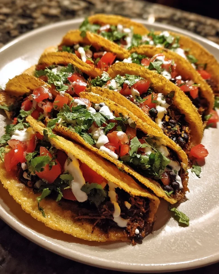 Plate of crispy black bean tacos garnished with fresh vegetables and cilantro