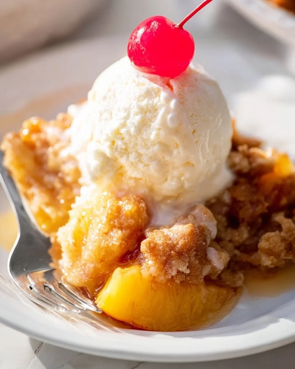 Crock Pot Peach Cobbler dessert with fresh peaches and a golden crust