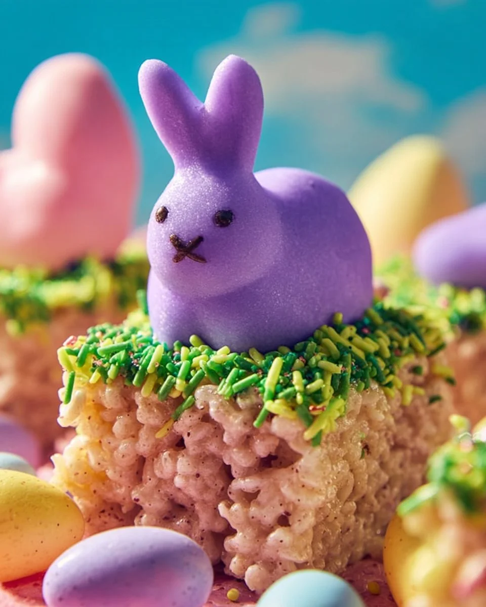 Colorful Easter Rice Krispie Treats topped with Marshmallow Peeps.