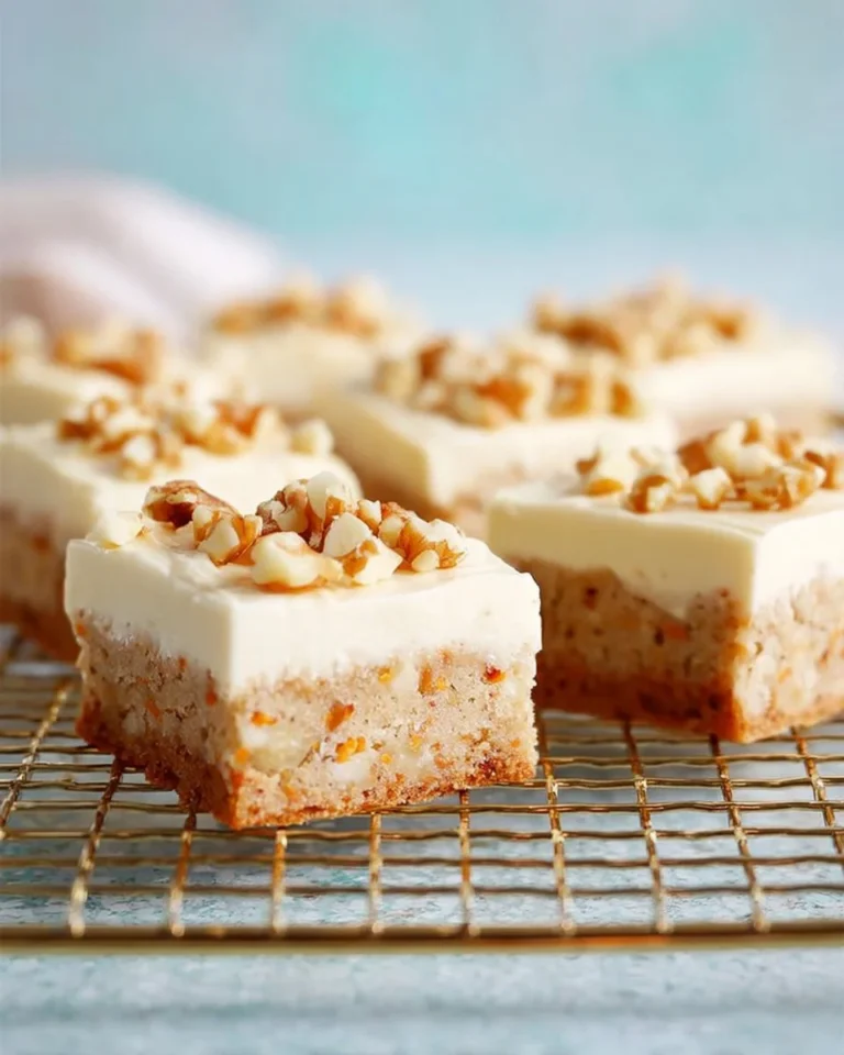 Delicious easy carrot cake bars with cream cheese frosting on a wooden table