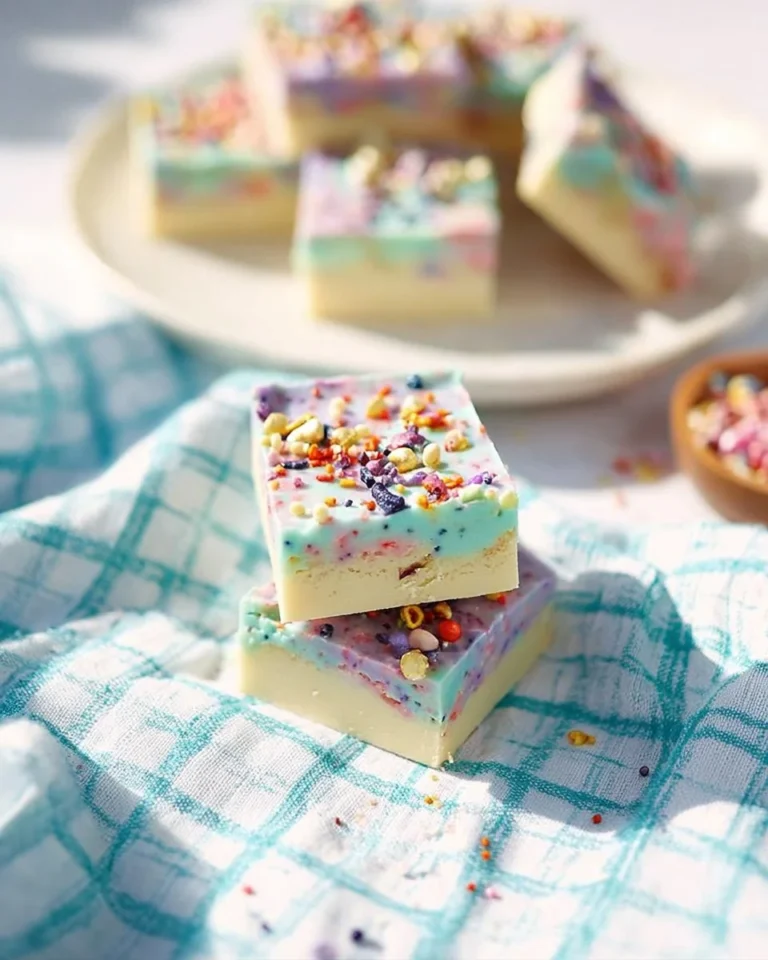 Colorful swirled Easter fudge on a festive plate surrounded by spring decorations.