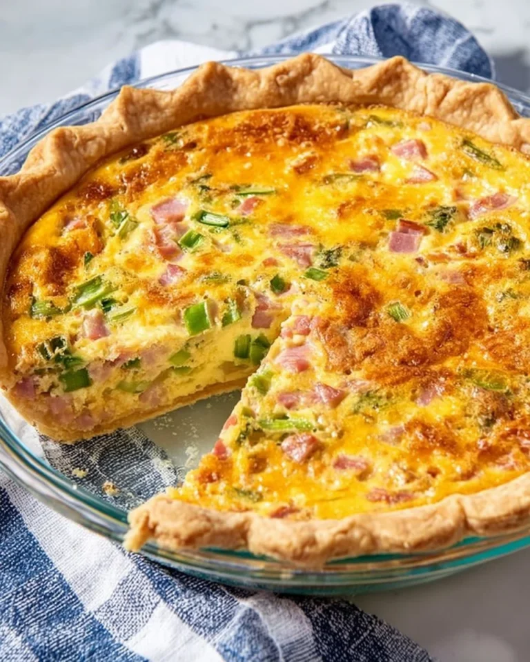 Delicious easy ham and cheese quiche served on a plate