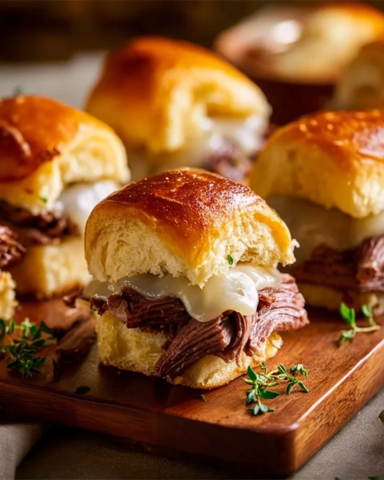 Delicious French Dip Sliders served on a platter with dipping sauce