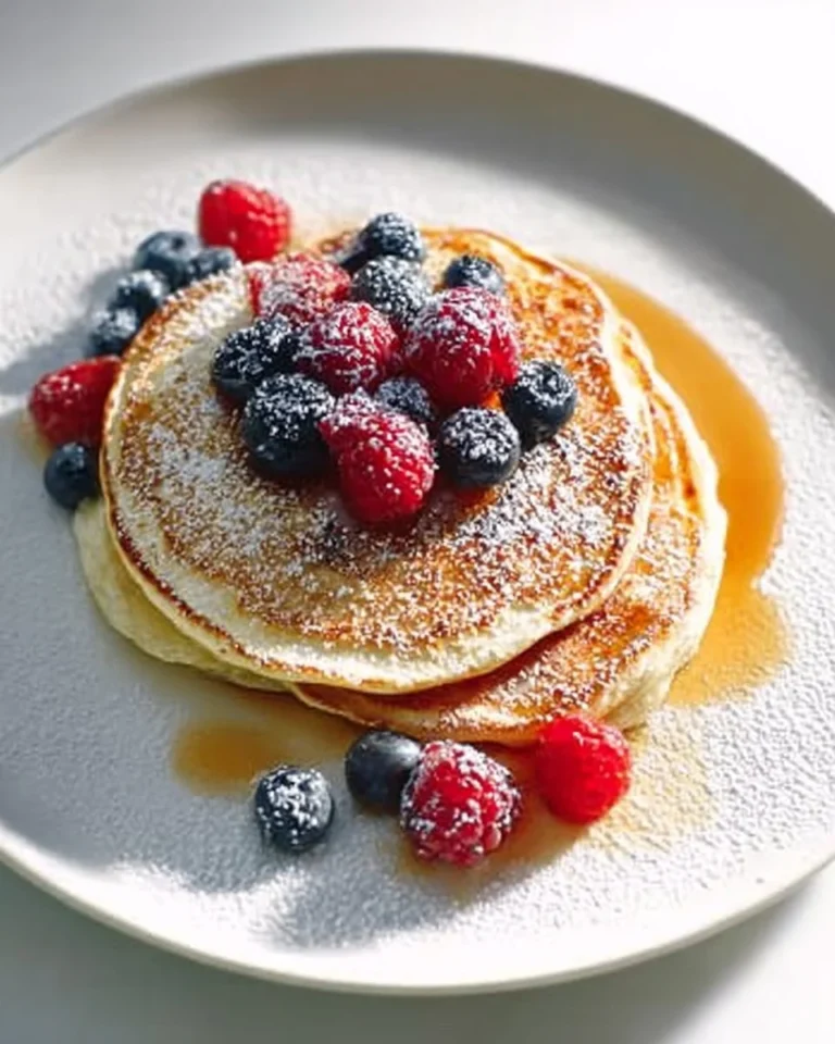 Gluten and dairy-free pancakes stacked on a plate with fresh fruit.
