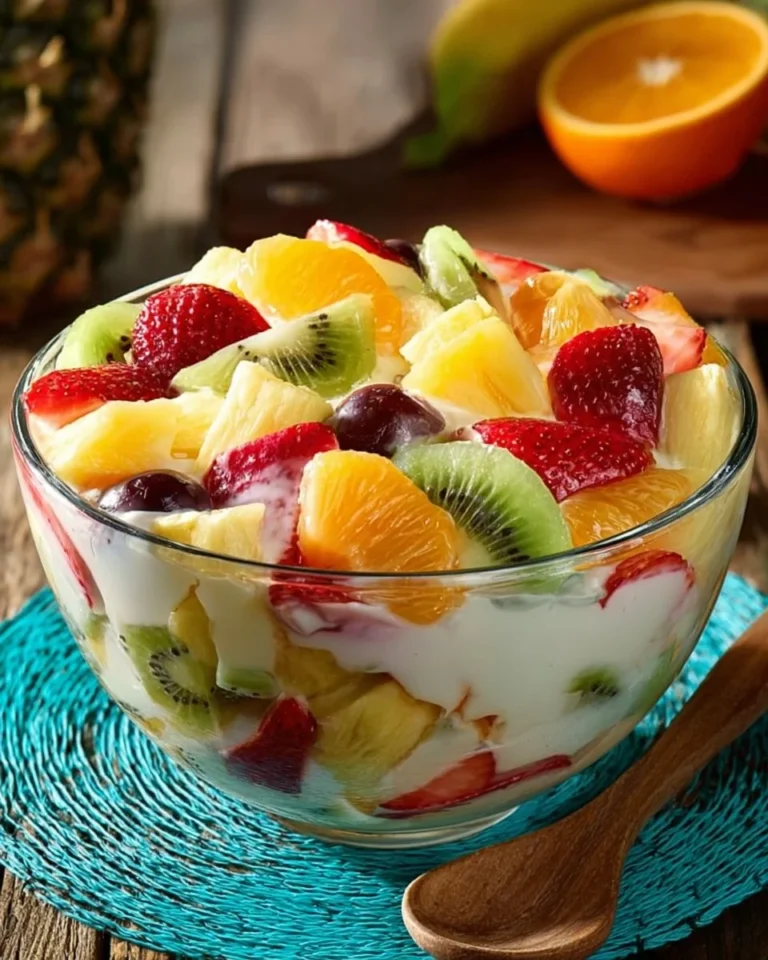 Delicious Hawaiian Cheesecake Salad with tropical fruits and creamy cheesecake dressing