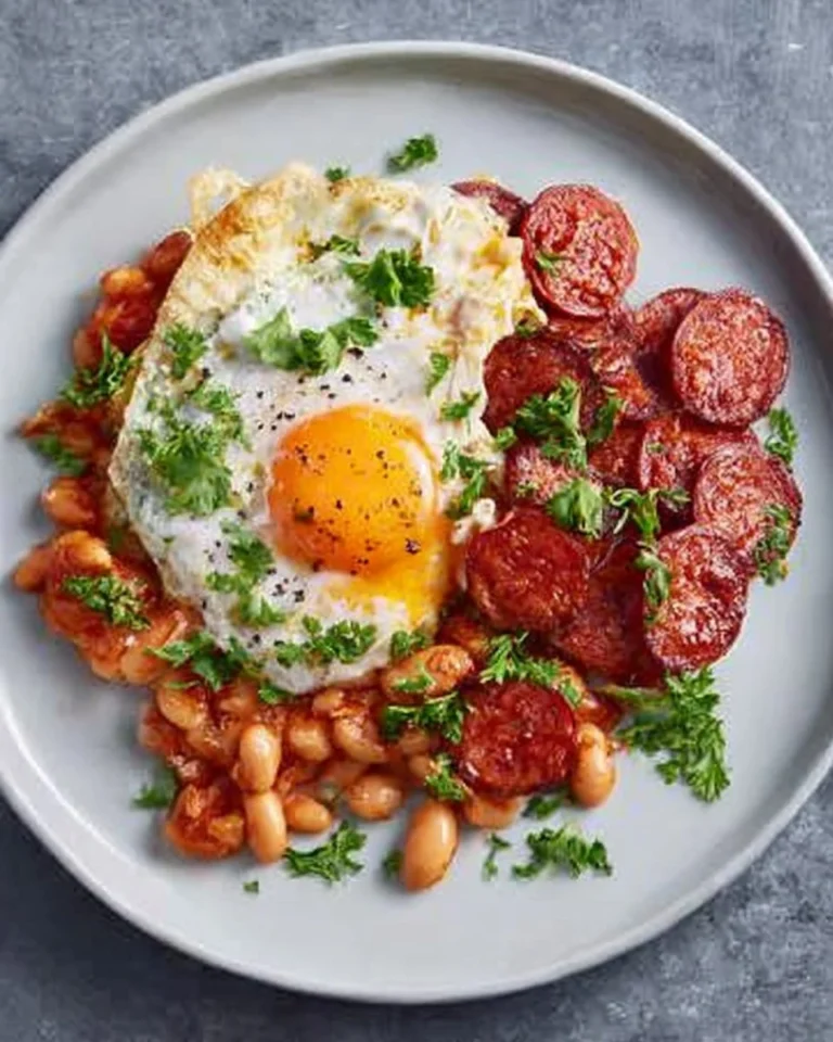 Homemade smoky baked beans with egg and chorizo in a rustic bowl